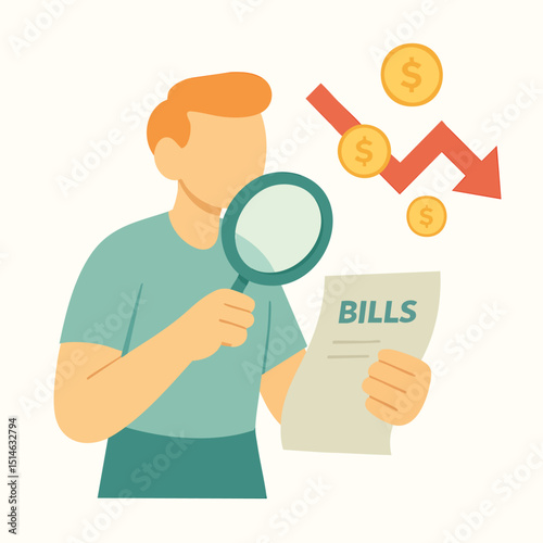 Flat Style Man Examining Bills with Magnifying Glass Finance Illustration