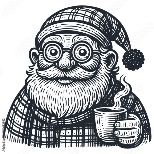 Cozy Santa Claus or old man in plaid hat & shirt, glasses, holding steaming mug. Vintage linocut vector. Christmas holiday character art. Black & white.