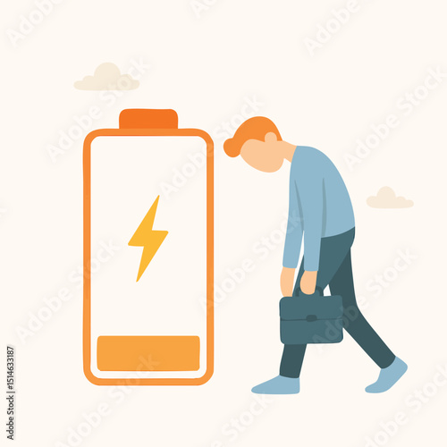 Flat Style Illustration of Exhausted Businessman with Low Battery Indicator Concept