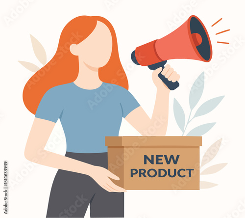 Flat Style Marketing Woman Holding Megaphone Announce New Product Illustration
