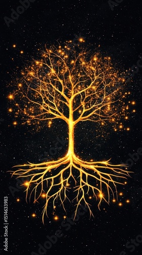 A glowing golden tree with intricate roots and branches sparkles against a starry black background.