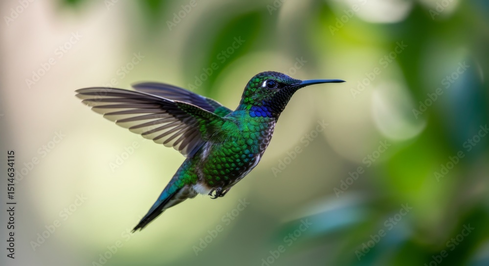 Obraz premium Vibrant Hummingbird in Flight - A dazzling hummingbird with iridescent green and blue feathers, wings outstretched in mid-flight against a soft green blurred background