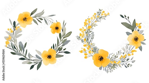 Elegant Watercolor Yellow Flower Wreaths Botanical Design
