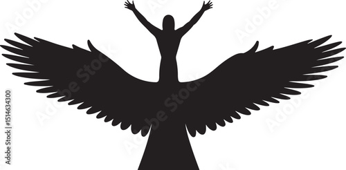 Silhouette of a Person with Large Wings Reaching Upward