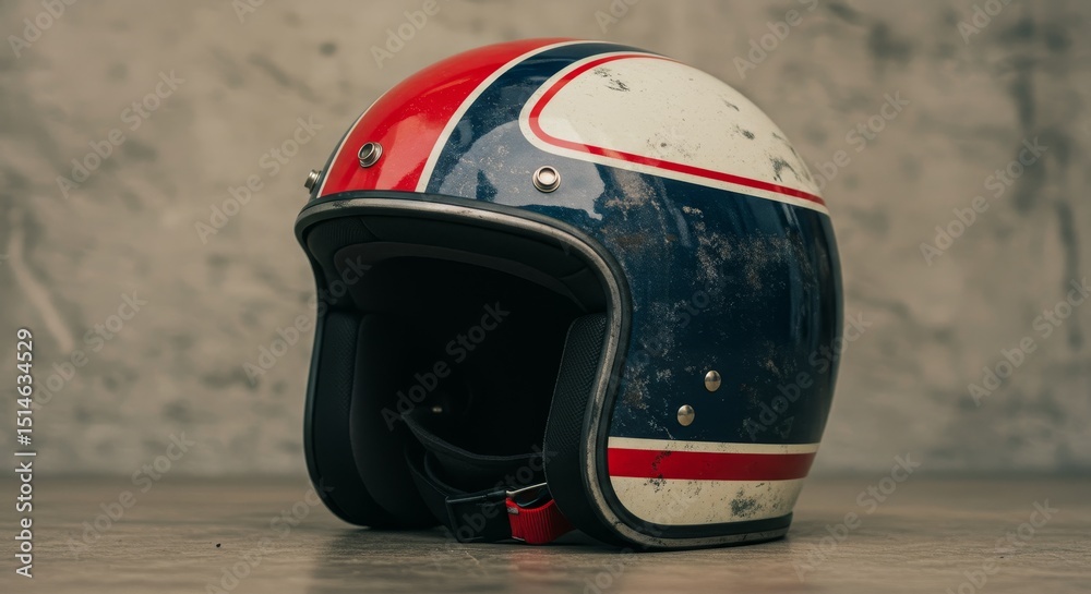 Fototapeta premium Vintage Open Face Helmet Red White Blue Stripes Design - Retro motorcycle helmet, open face design, red white blue stripes, distressed vintage look, symbolizes freedom, speed, classic , adventure