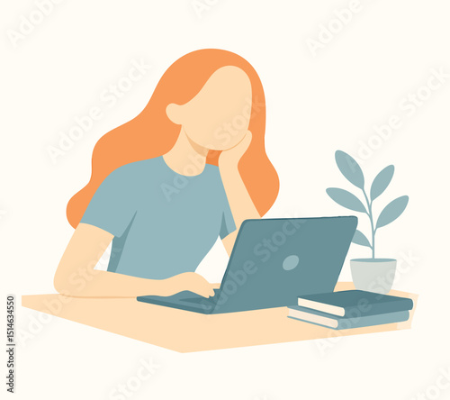 Simple Flat Illustration Woman Working at Laptop on Desk Graphic Design