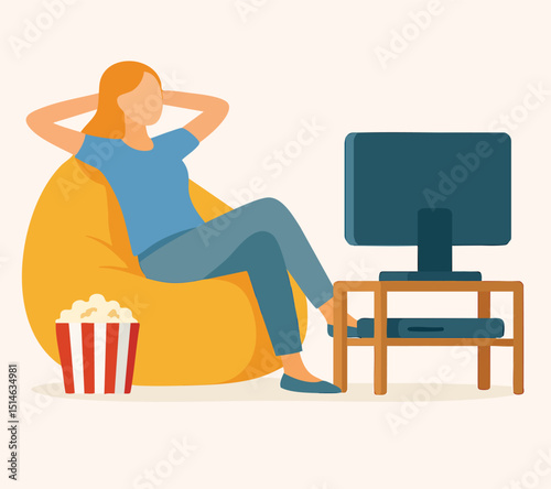 Modern Flat Illustration of Woman Relaxing and Watching Television at Home