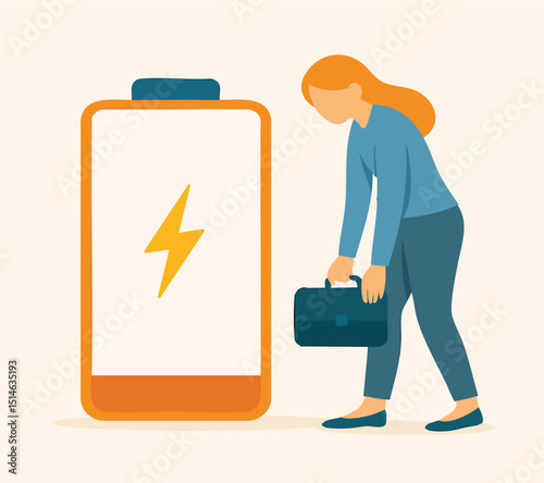 Flat Cartoon Low Battery Businesswoman Character Illustration Power Energy Concept