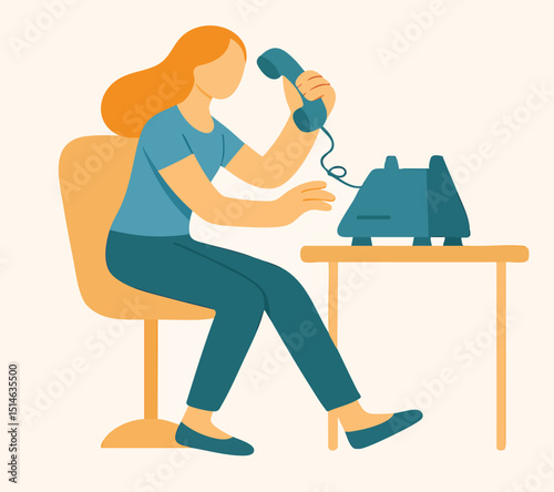 Flat Cartoon Woman Sitting On Chair Talking On Landline Telephone Illustration