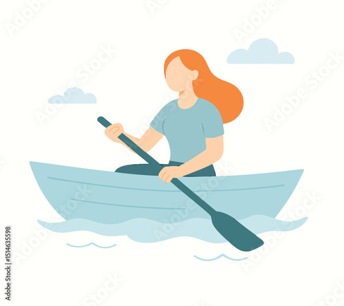 Flat Illustration of Woman Rowing a Boat on Water Adventure