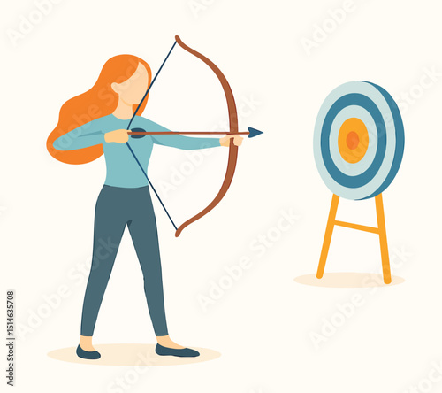 Flat Illustration Woman Archer Aiming Target with Bow and Arrow Art