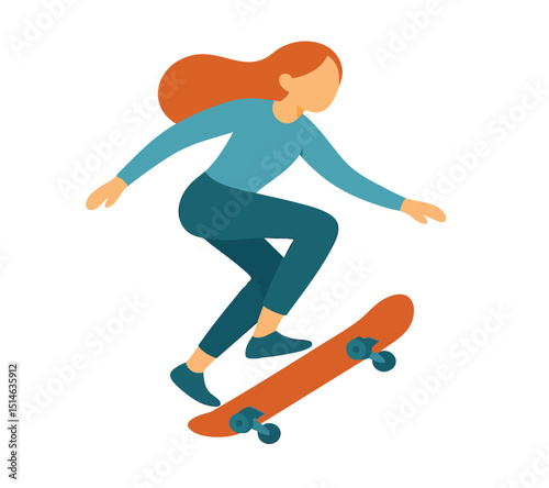 Flat Style Young Woman Riding Skateboard Doing Tricks Lifestyle Illustration