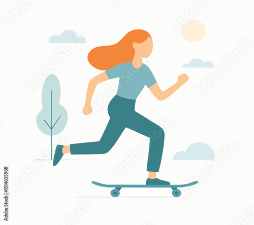 Flat Style Running Girl Skateboarder Sport Activity Outdoor Illustration