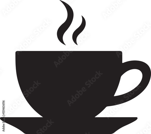 Simple Black Silhouette of a Hot Coffee Cup and Saucer