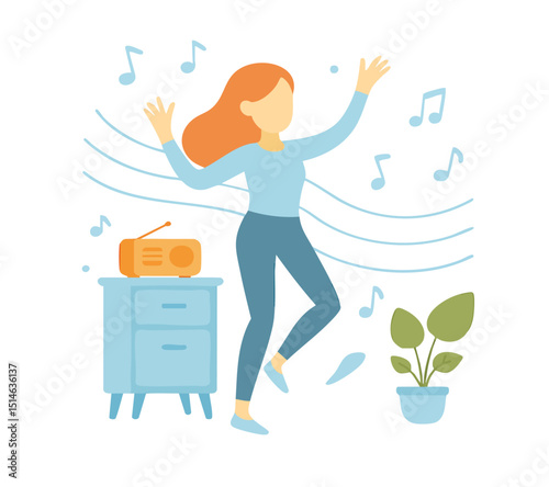 Flat Illustration Woman Dancing with Radio and Music Notes Illustration