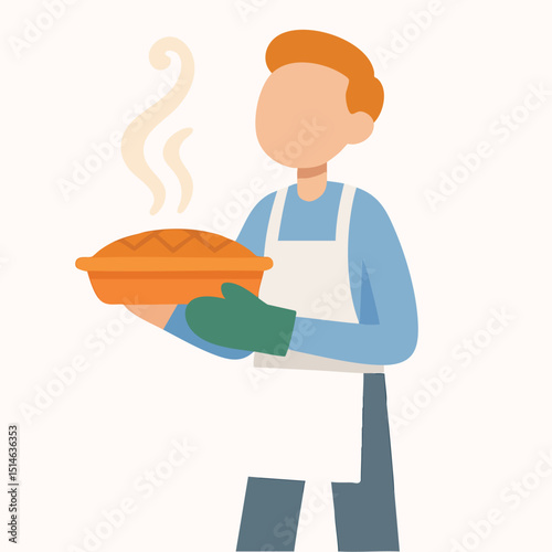 Flat Illustration of Chef Holding Homemade Pie for Thanksgiving Celebration