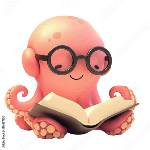 Smart cartoon octopus with glasses reading a book.