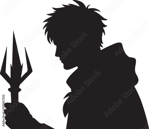 Silhouette of a Young Man Holding a Fantasy Trident
