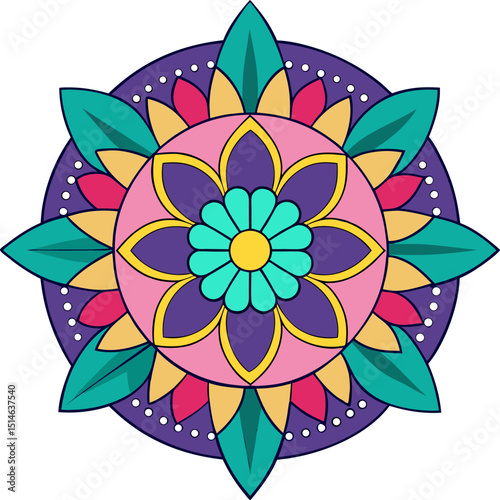 Symmetrical ornamental mandala with vibrant petals and calming sacred energy in layered visual structure