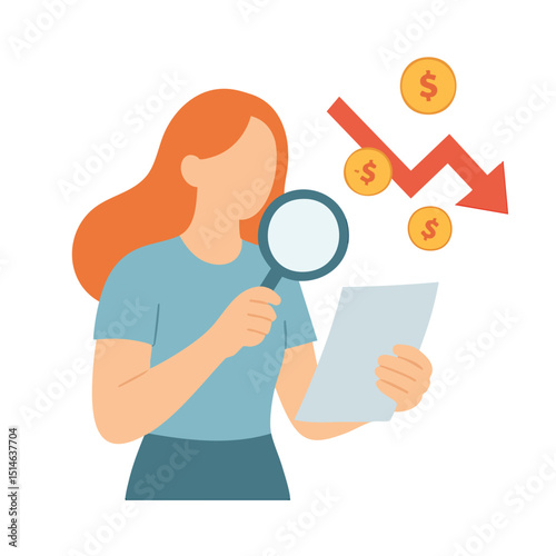 Flat Illustration of Woman Analyzing Decreasing Chart with Magnifying Glass