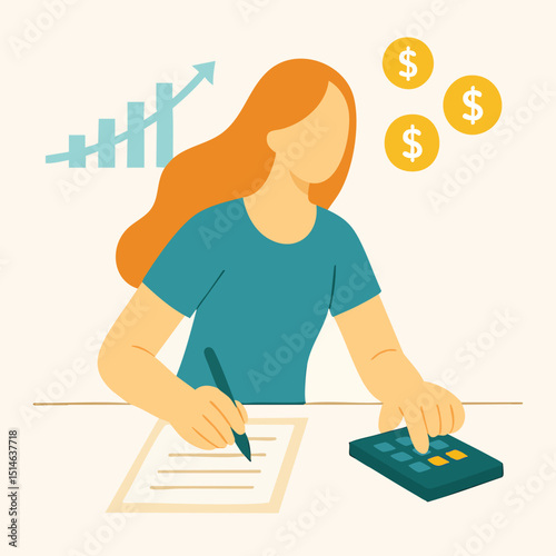 Flat Illustration Woman Calculating Financial Growth Chart and Dollar Sign Currency