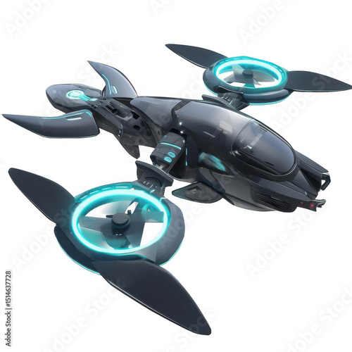 3d rendering of a drone with blue neon lights isolated on a transparent background.