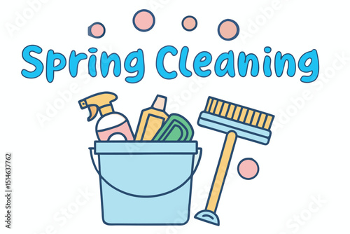 Spring cleaning tools are ready inside light blue bucket with the bubbles