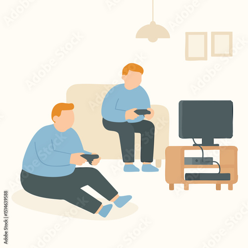 Flat Illustration Two Friends Playing Game Console Inside the Living Room