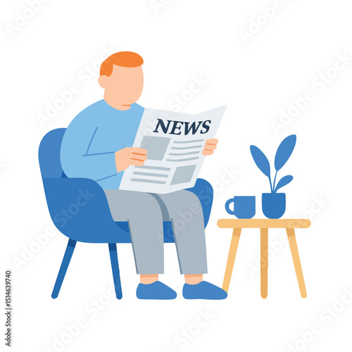 Flat Illustration Man Reading Newspaper Sitting on Chair in Living Room