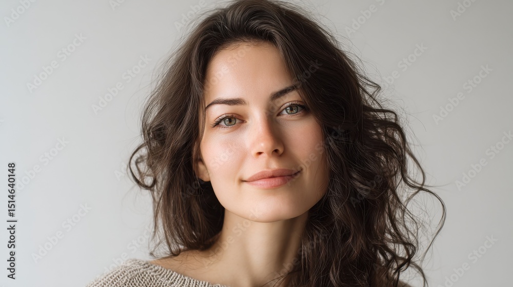 Fototapeta premium Young Woman With Brunette Hair Smiling Gently, Representing Natural Beauty and Skincare Advertising, Perfect for Cosmetics and Wellness Campaigns : Generative AI