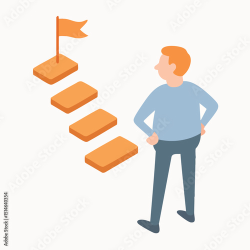 Isometric Flat Design Stair Steps to Success Achievement with Man Illustration
