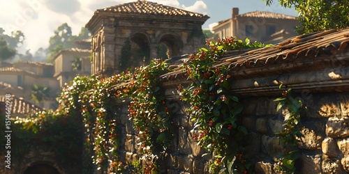 A picturesque view of a sunlit stone wall adorned with lush green vines and vibrant red flowers, set against a charming rustic village in the background, evoking a serene and inviting atmosphere.