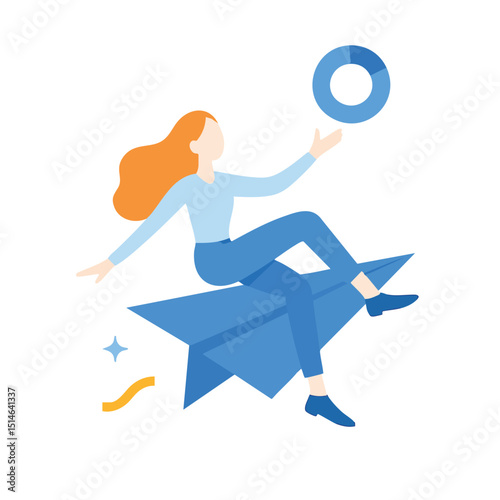 Flat Illustration Woman Riding Paper Airplane with Business Chart Concept