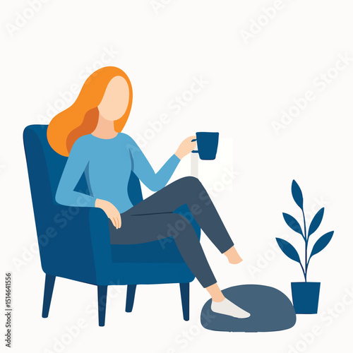 Flat Illustration Relaxing Woman Drinking Beverage Sitting on Armchair Indoor