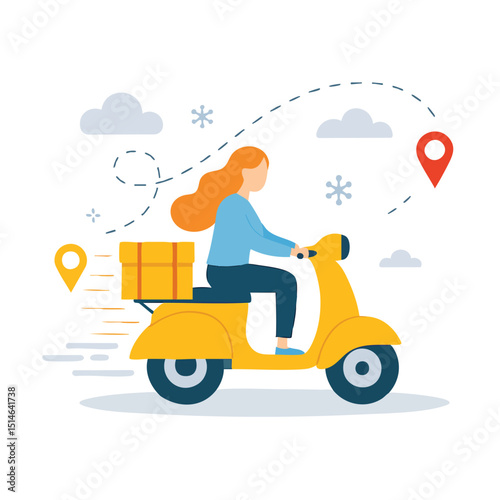 Flat Style Detailed Illustration Delivery Scooter with Woman and Box