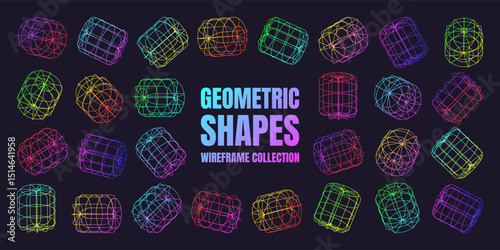 Neon lined wireframe shapes. Perspective mesh, 3d grid. Low poly geometric elements. Retro futuristic design elements, y2k, vaporwave and synthwave style. Vector illustration