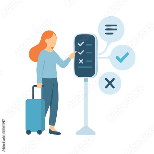 Flat Design Woman Touching Kiosk Screen with Luggage at Airport Terminal