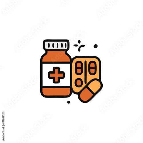 Medical supplies closeup bottle of pills & pill pack. Suitable for healthcare, pharmaceutical, medical concept designs, illustrating medication use.