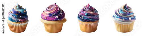 Cupcakes with cream and space sprinkles. Isolated on transparent background.