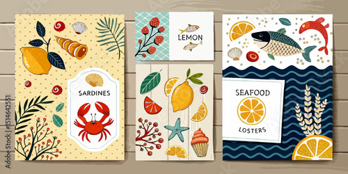 Сollection of cute summer Mediterranean posters, cards templates with lemons, seashells, sardines pattern, lobster and seafood typography design 
