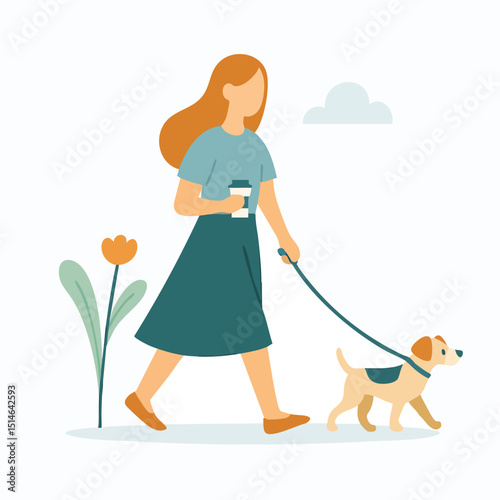Flat Style Illustration of Woman Walking Dog Outdoor Activity Concept