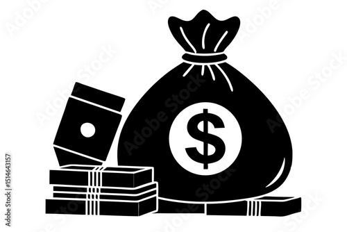 "Minimalist Money Bag Vector – Dollar Sign, Cash Stacks, and Silhouette in Black and White Graphic Art"