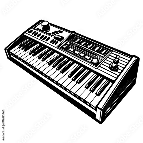 Vintage Synthesizer Keyboard – Black and White Vector Illustration"