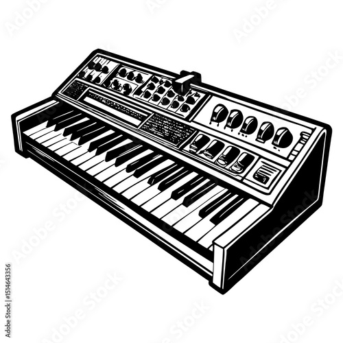 Vintage Synthesizer Keyboard – Black and White Vector Illustration"