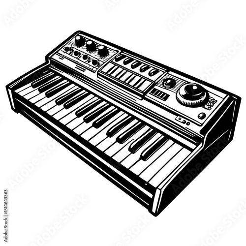 Vintage Synthesizer Keyboard – Black and White Vector Illustration"