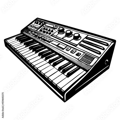 Vintage Synthesizer Keyboard – Black and White Vector Illustration"