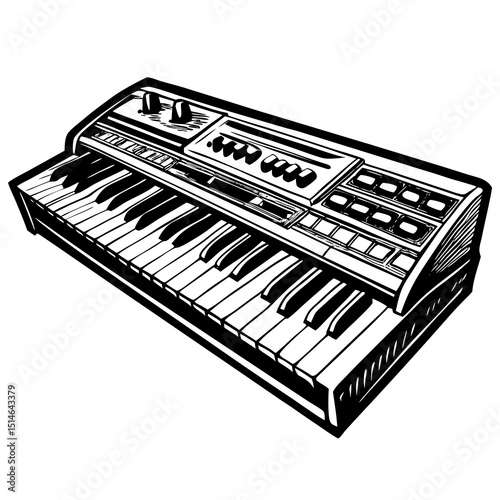 Vintage Synthesizer Keyboard – Black and White Vector Illustration"