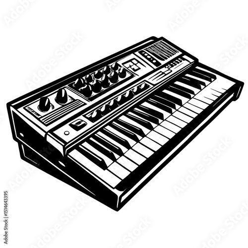 Vintage Synthesizer Keyboard – Black and White Vector Illustration"