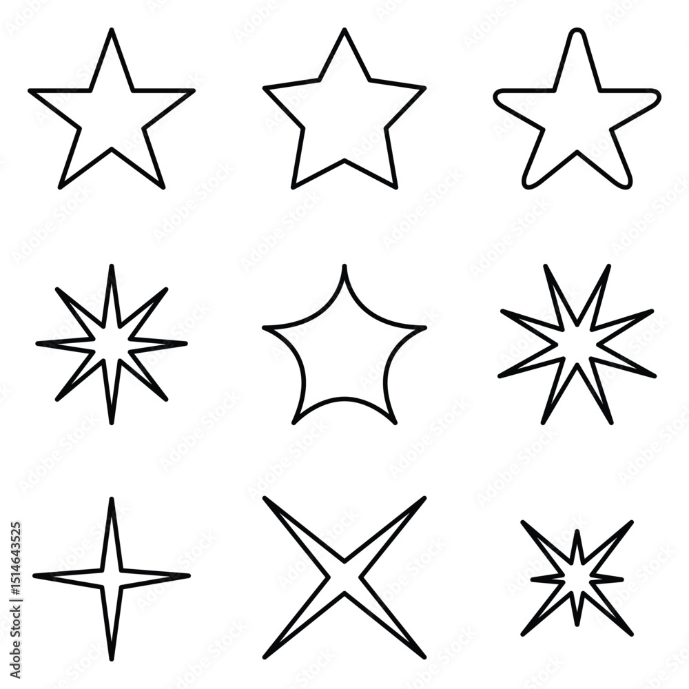 Star Shape Vector Collection, Minimalist Black Outline Star Icons Set. Star Shape Vector Collection, Minimalist Black Outline Star Icons Set.