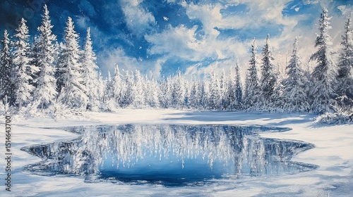 A Tranquil Winter Landscape: Snowy Trees Reflected in a Frozen Lake